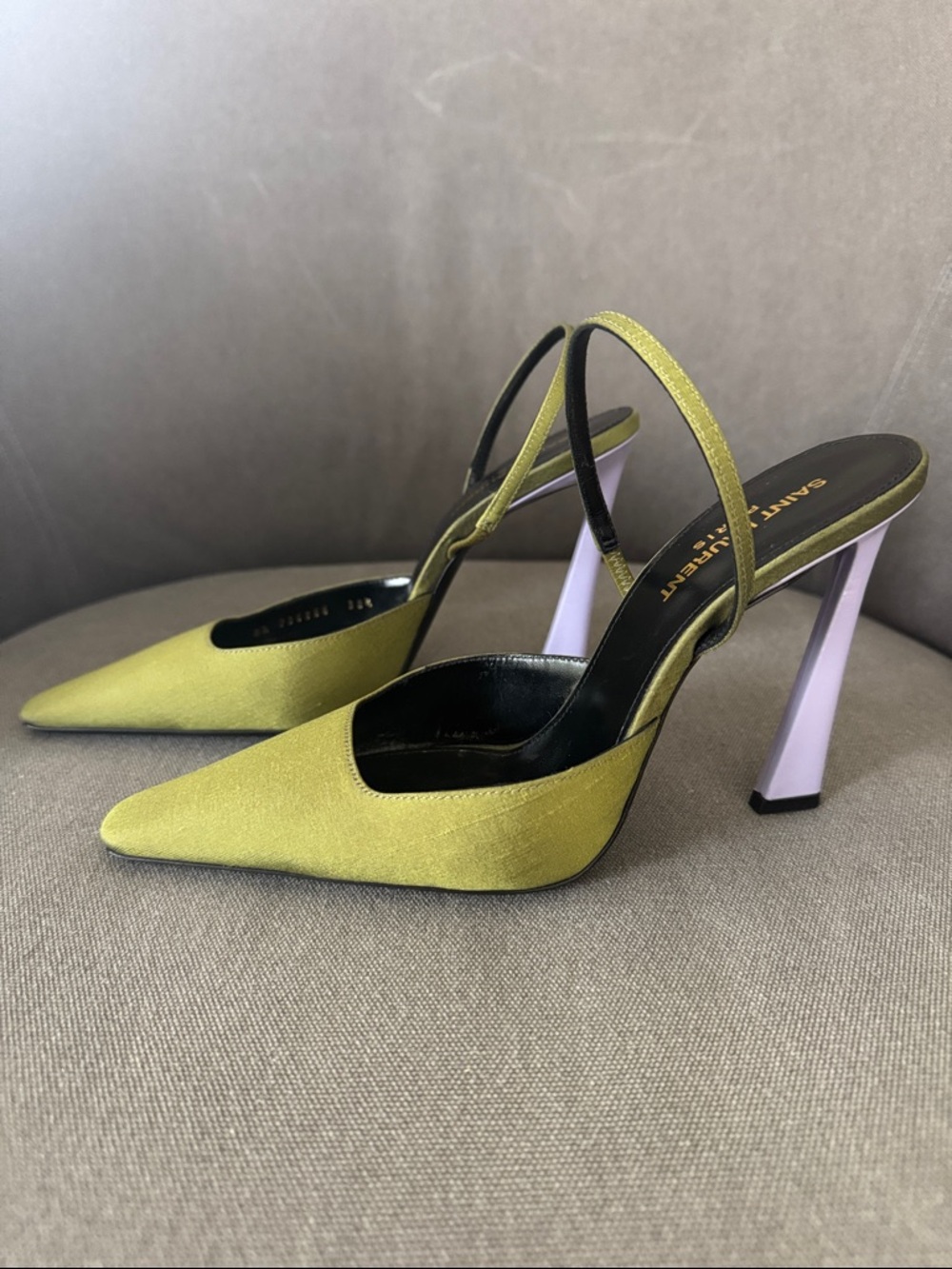 Saint Laurent Chartreuse Green Pointed Slingback Heels with Lilac Block Heels - Picture 3 of 9